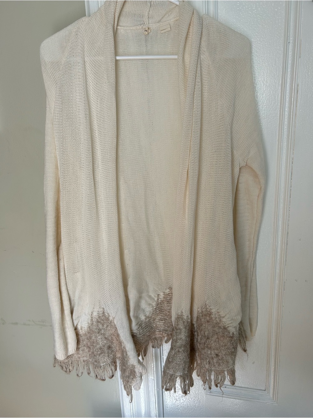 Anthropologie Women Cardigan L Open Front Cream Knitted Fringe Boho Topper moth